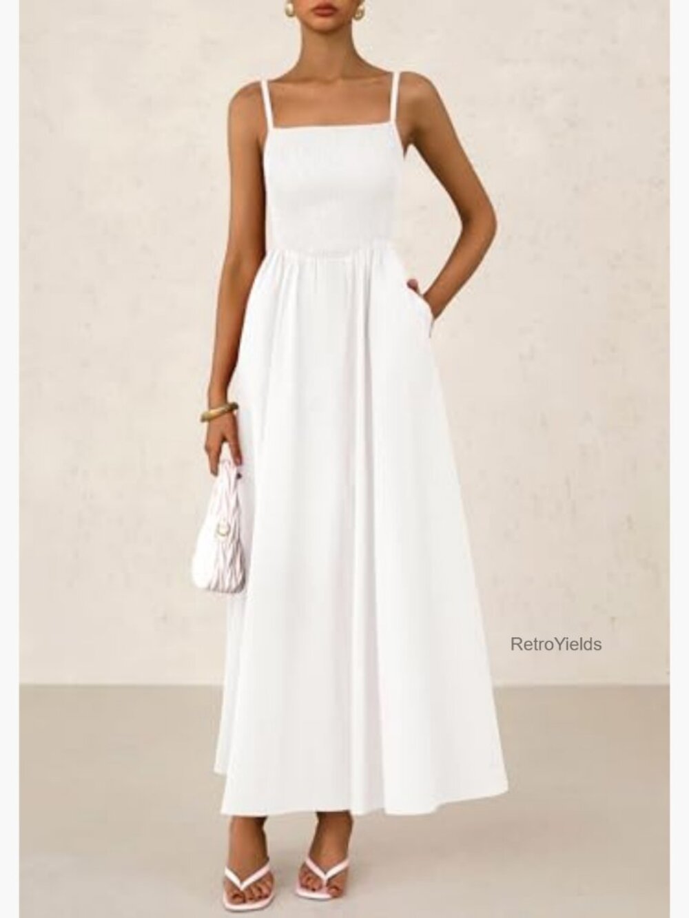 Smocked Spaghetti Strap Maxi Dress Sleeveless Flowy Beach Sundress - Picture 5 of 7